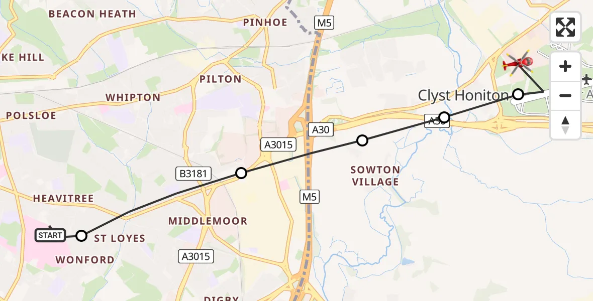 Flight route Air Ambulance Helicopter Royal Devon & Exeter Hospital - Clyst Honiton, 28 May 2026, 16:39