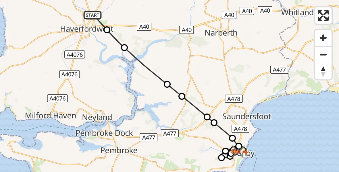 Flight route Coastguard Helicopter Haverfordwest - Tenby, 28 May 2026, 16:41
