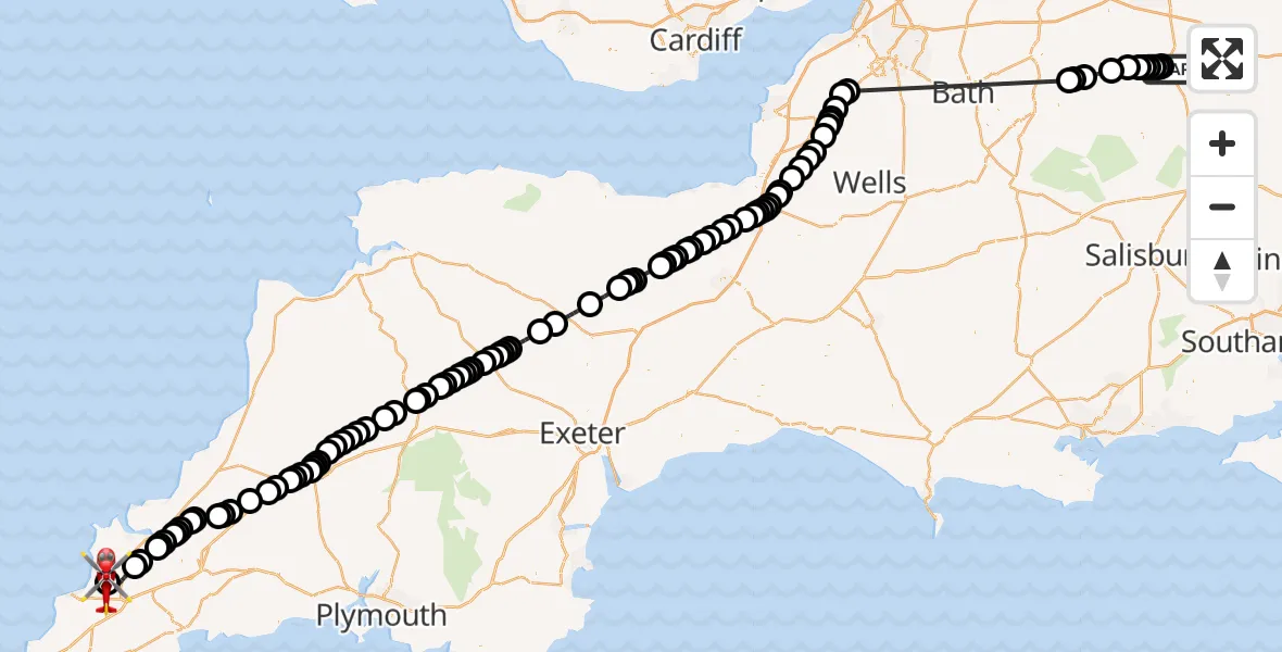 Flight route Air Ambulance Helicopter Mildenhall - Cornwall Airport Newquay, 28 May 2026, 16:55
