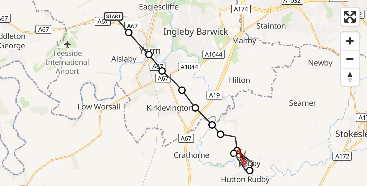 Flight route Air Ambulance Helicopter Egglescliffe - Rudby, 28 May 2026, 16:56