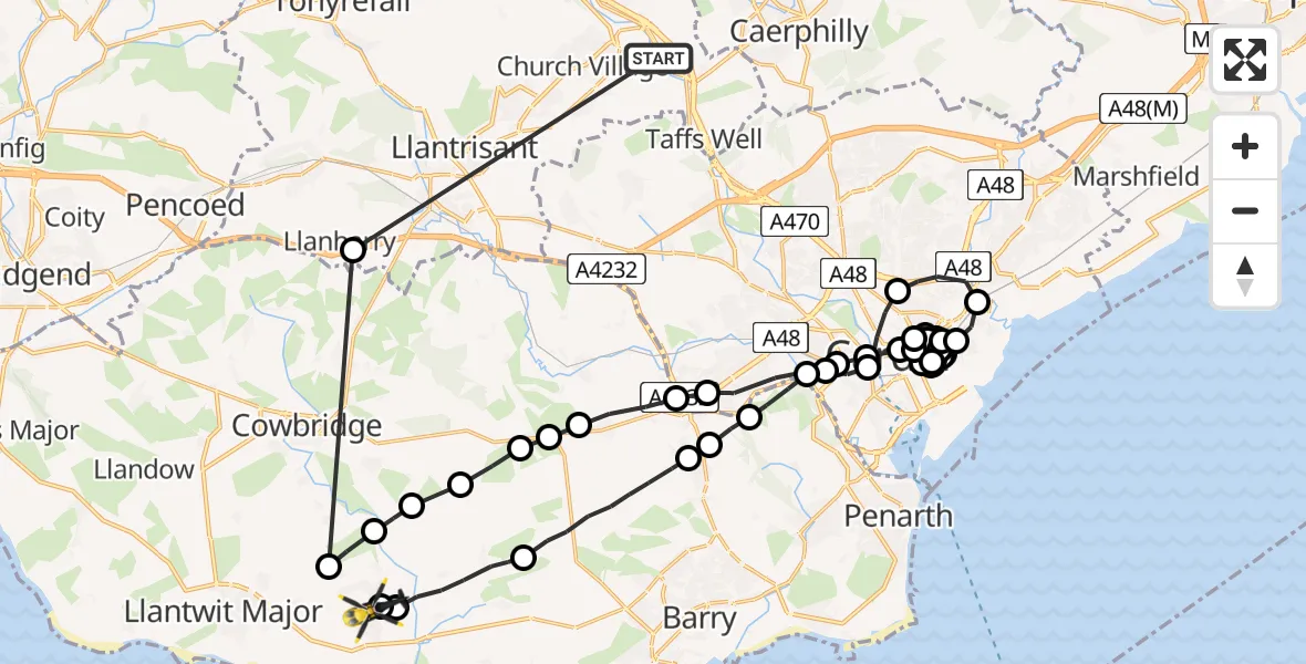 Flight route Police Helicopter Pontypridd - MOD St Athan, 28 May 2026, 16:59