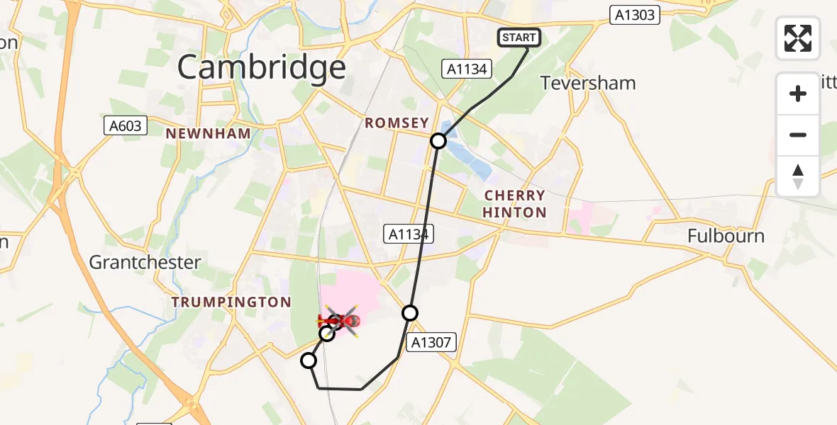 Flight route Air Ambulance Helicopter Cambridge City Airport - Papworth Hospital, 28 May 2026, 17:00