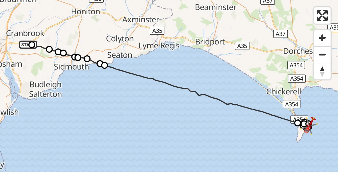 Flight route Air Ambulance Helicopter Rockbeare - English Channel, 28 May 2026, 17:01