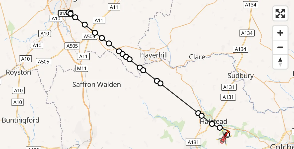 Flight route Air Ambulance Helicopter Papworth Hospital - Earls Colne Airfield, 28 May 2026, 17:13