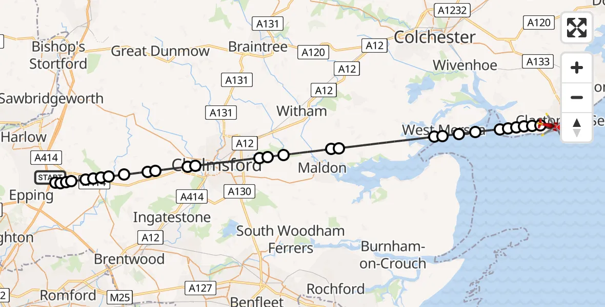 Flight route Air Ambulance Helicopter North Weald Airfield - Clacton-on-Sea, 28 May 2026, 17:16