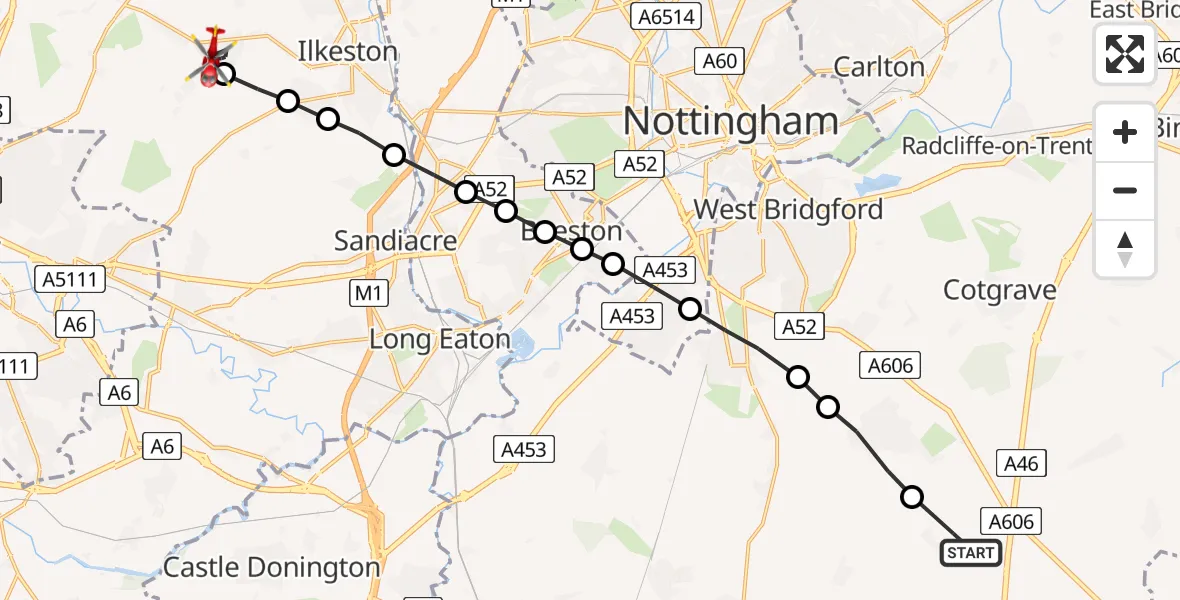 Flight route Air Ambulance Helicopter Widmerpool - West Hallam, 28 May 2026, 17:19