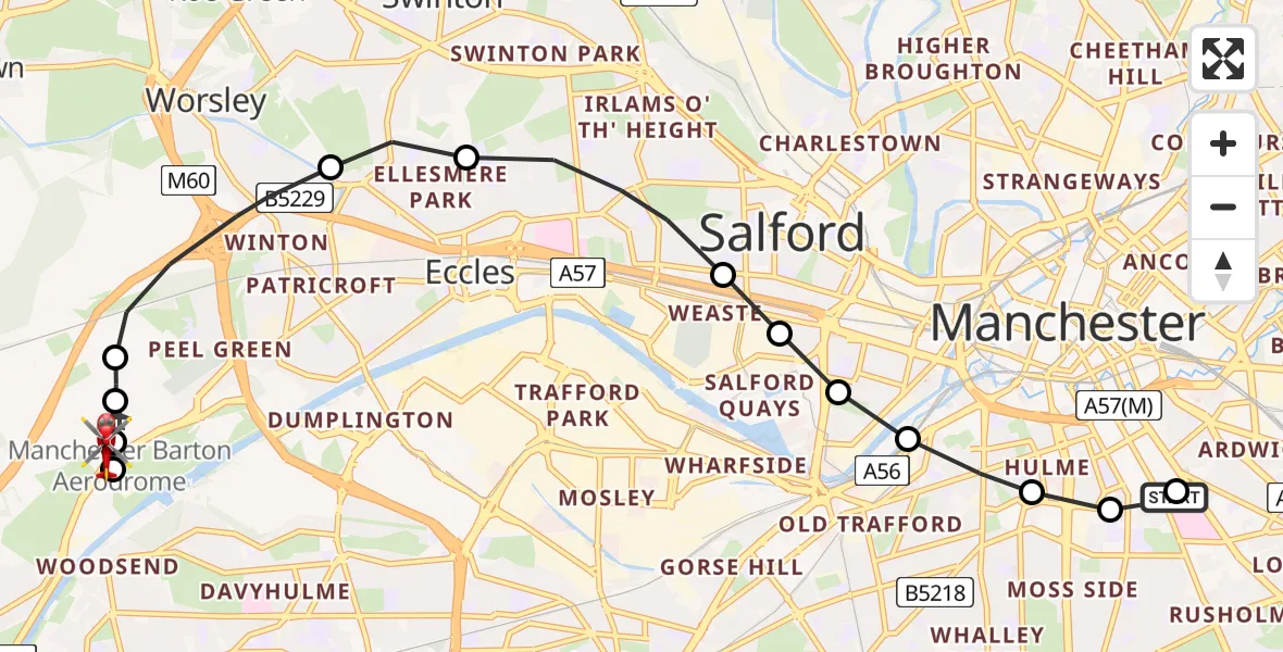 Flight route Air Ambulance Helicopter Chorlton-on-Medlock - Manchester Barton Aerodrome, 28 May 2026, 17:23