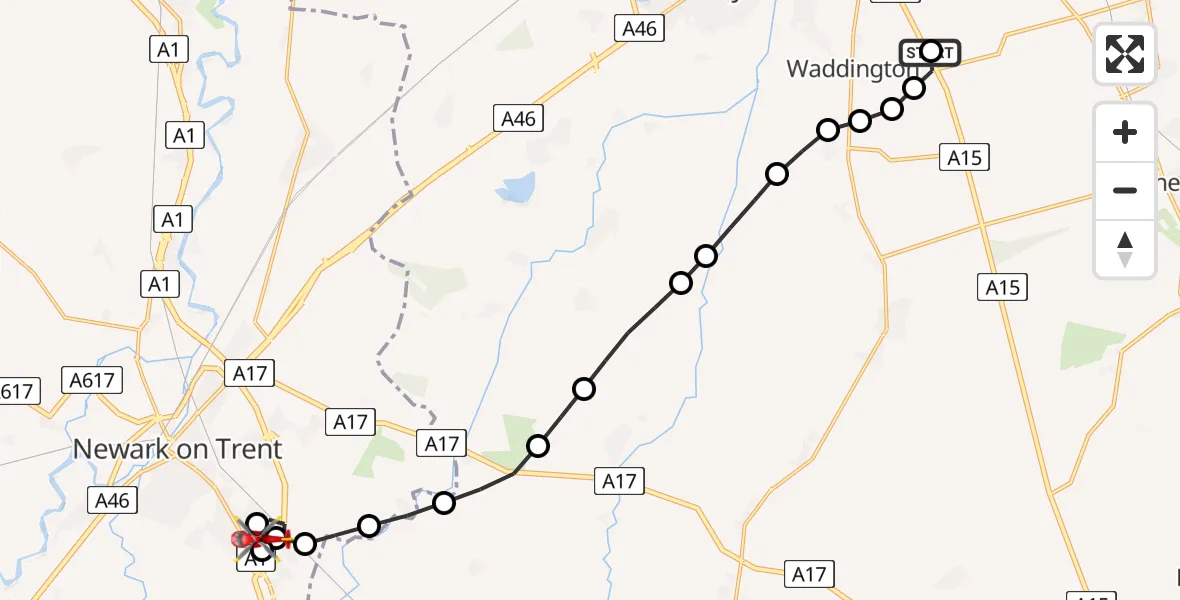 Flight route Air Ambulance Helicopter RAF Waddington - Fernwood CP, 28 May 2026, 17:28