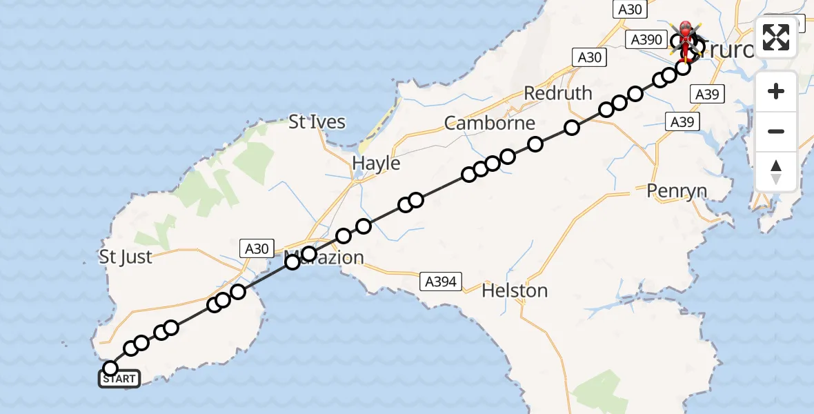 Flight route Air Ambulance Helicopter St. Levan - Treliske Hospital, 28 May 2026, 17:30