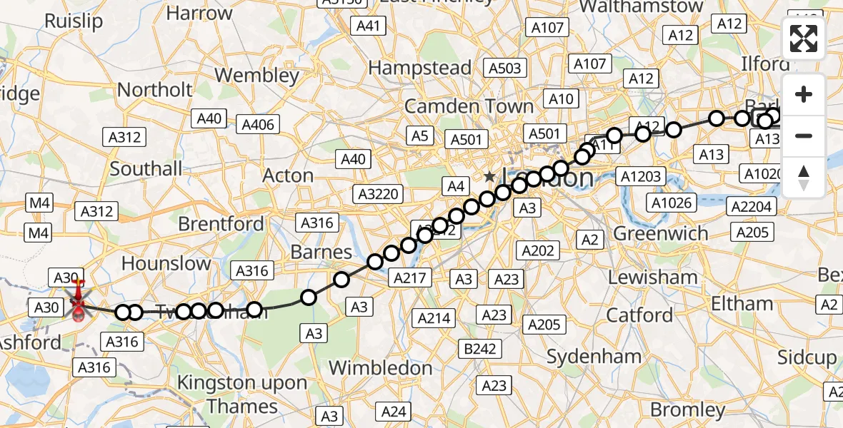 Flight route Air Ambulance Helicopter Barking and Dagenham - Feltham, 28 May 2026, 17:43
