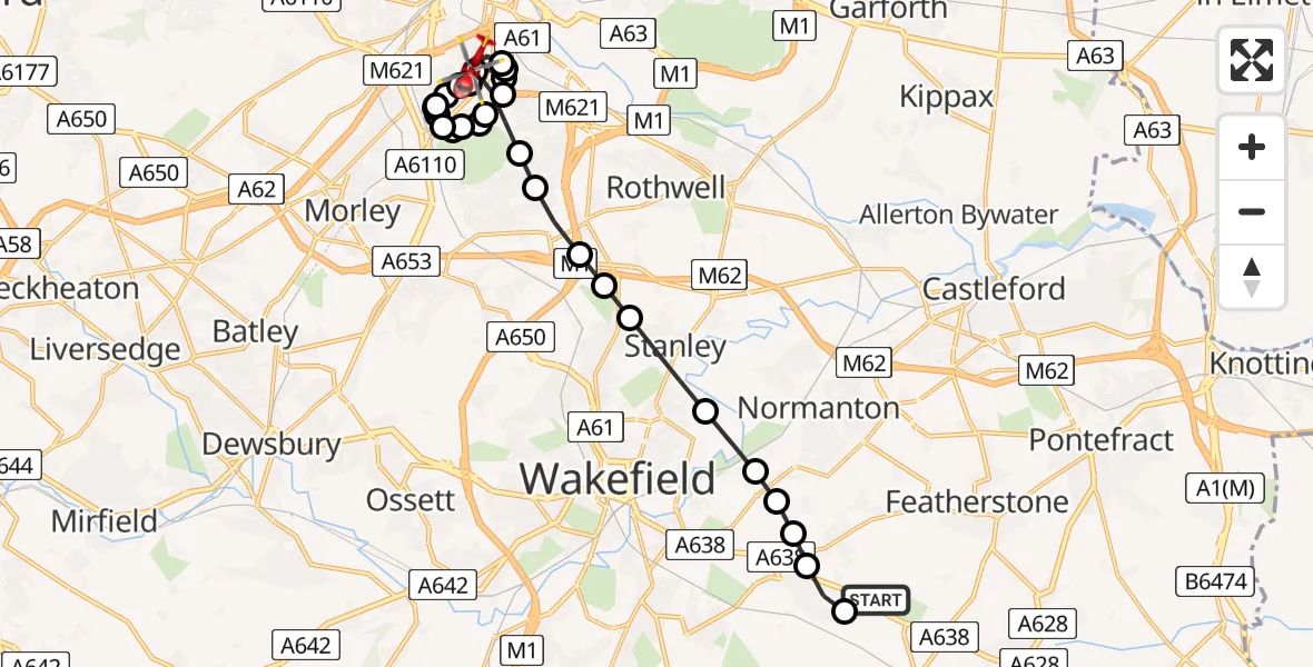 Flight route Air Ambulance Helicopter YAA Nostell Helicopter Port - Holbeck, 28 May 2026, 17:55