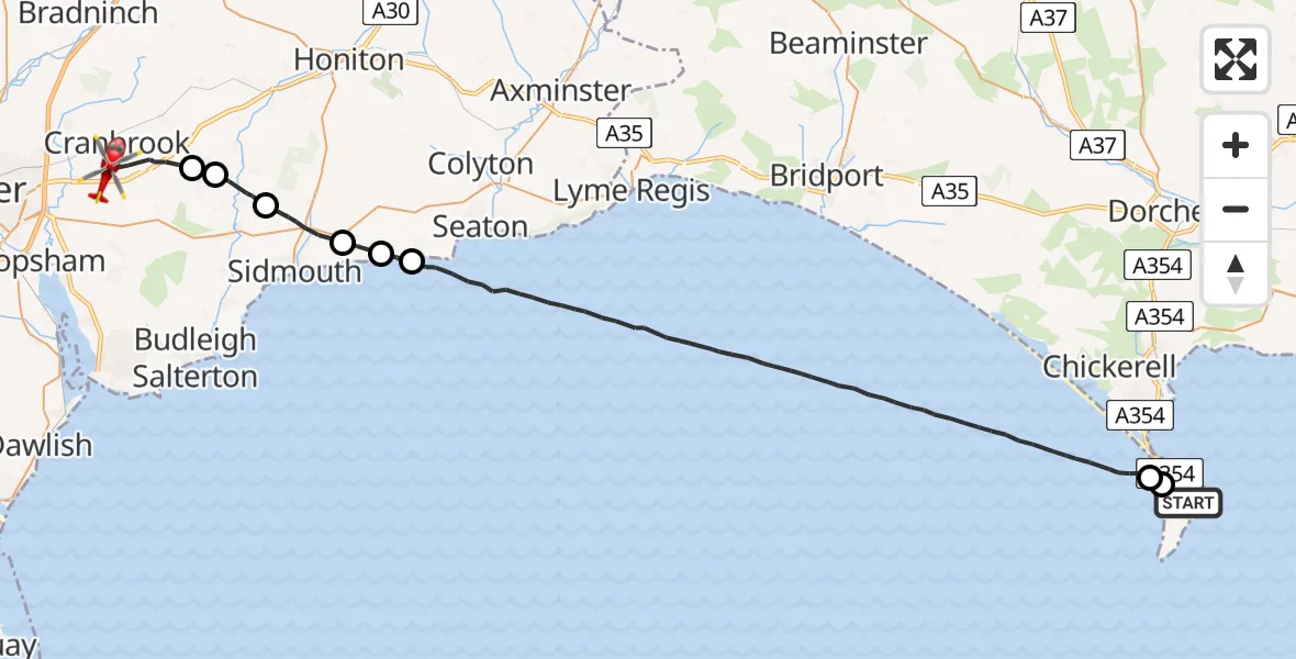 Flight route Air Ambulance Helicopter The Grove - Exeter International Airport, 28 May 2026, 17:56