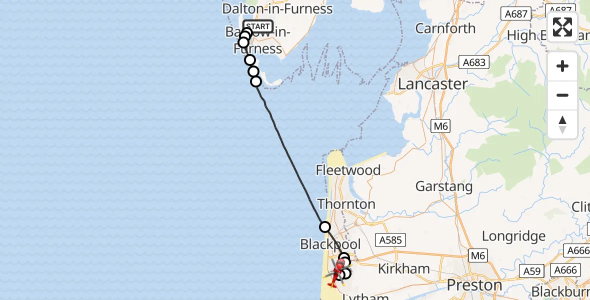 Flight route Air Ambulance Helicopter Barrow-in-Furness - Blackpool Airport, 28 May 2026, 18:06