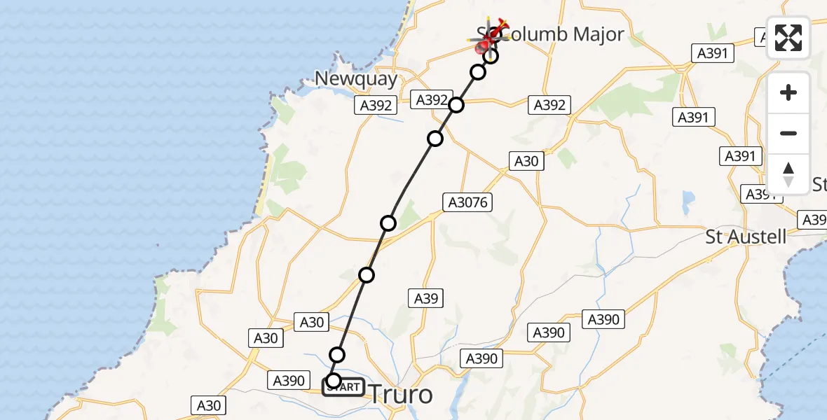 Flight route Air Ambulance Helicopter Treliske Hospital - Cornwall Airport Newquay, 28 May 2026, 18:12