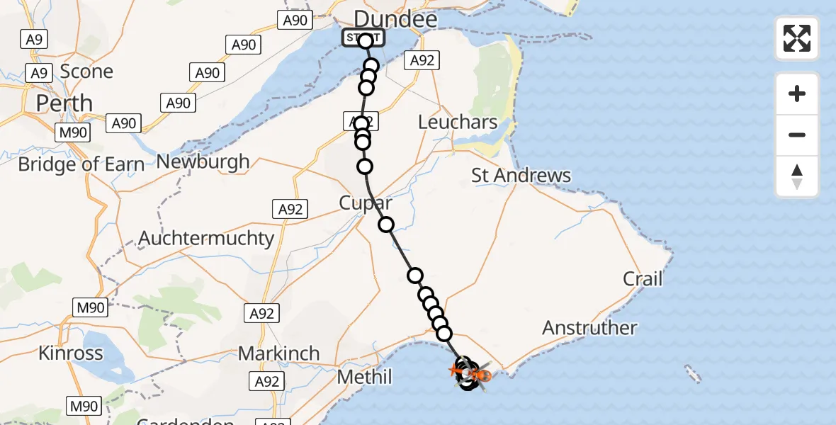 Flight route Coastguard Helicopter Dundee Airport - Colinsburgh, 28 May 2026, 18:16