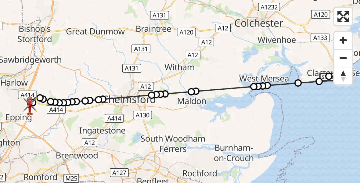 Flight route Air Ambulance Helicopter Clacton Airfield - North Weald Airfield, 28 May 2026, 18:17