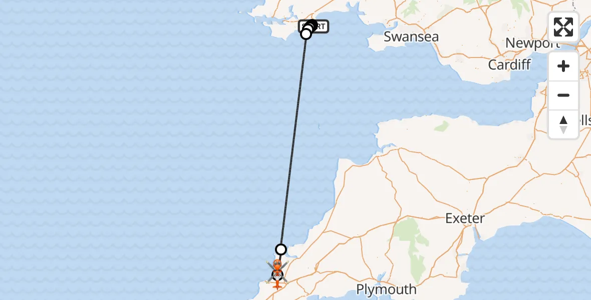 Flight route Coastguard Helicopter Tenby - Cornwall Airport Newquay, 28 May 2026, 18:19