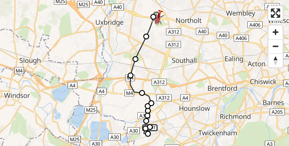 Flight route Air Ambulance Helicopter Bedfont - RAF Northolt, 28 May 2026, 18:23