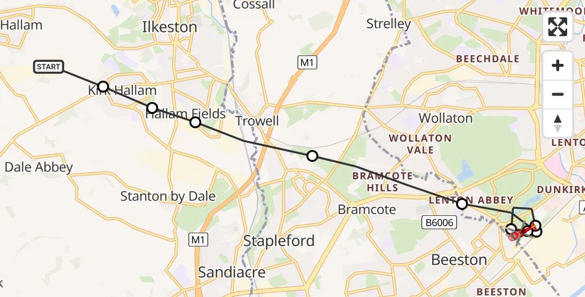 Flight route Air Ambulance Helicopter West Hallam - Beeston, 28 May 2026, 18:24