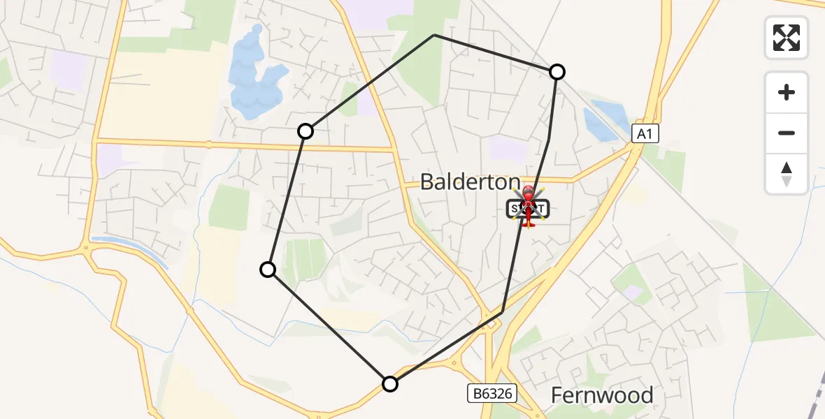 Flight route Air Ambulance Helicopter Balderton - Fernwood CP, 28 May 2026, 18:34