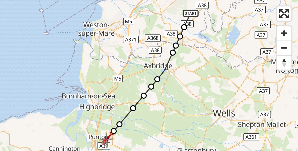 Flight route Air Ambulance Helicopter Redhill - Woolavington, 28 May 2026, 18:39