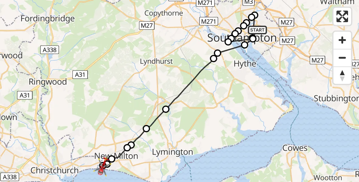 Flight route Air Ambulance Helicopter Merry Oak - Highcliffe-on-Sea, 28 May 2026, 18:40