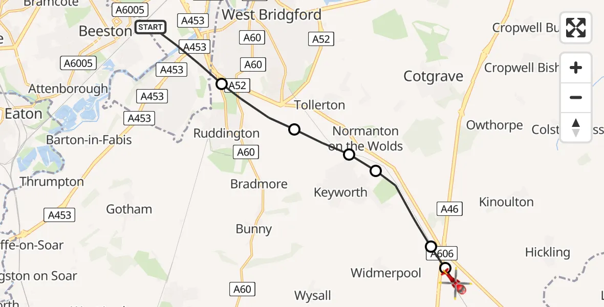 Flight route Air Ambulance Helicopter City of Nottingham - Hickling, 28 May 2026, 18:49