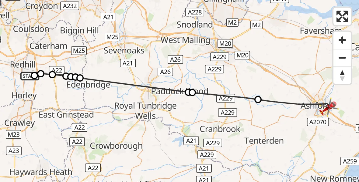 Flight route Air Ambulance Helicopter Redhill Aerodrome - Ashford, 28 May 2026, 18:49