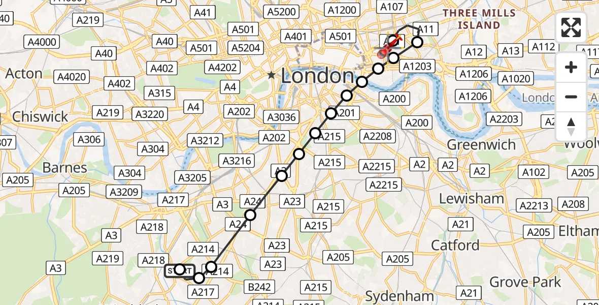 Flight route Air Ambulance Helicopter Summerstown - Royal London Hospital, 28 May 2026, 19:05