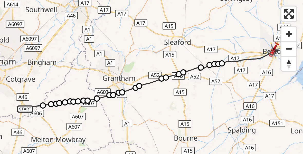 Flight route Air Ambulance Helicopter Hickling - Boston, 28 May 2026, 19:11