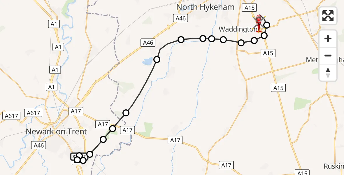 Flight route Air Ambulance Helicopter Balderton - North Kesteven, 28 May 2026, 19:16