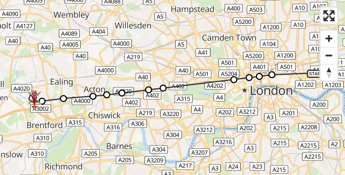 Flight route Air Ambulance Helicopter Royal London Hospital - Hanwell, 28 May 2026, 19:35