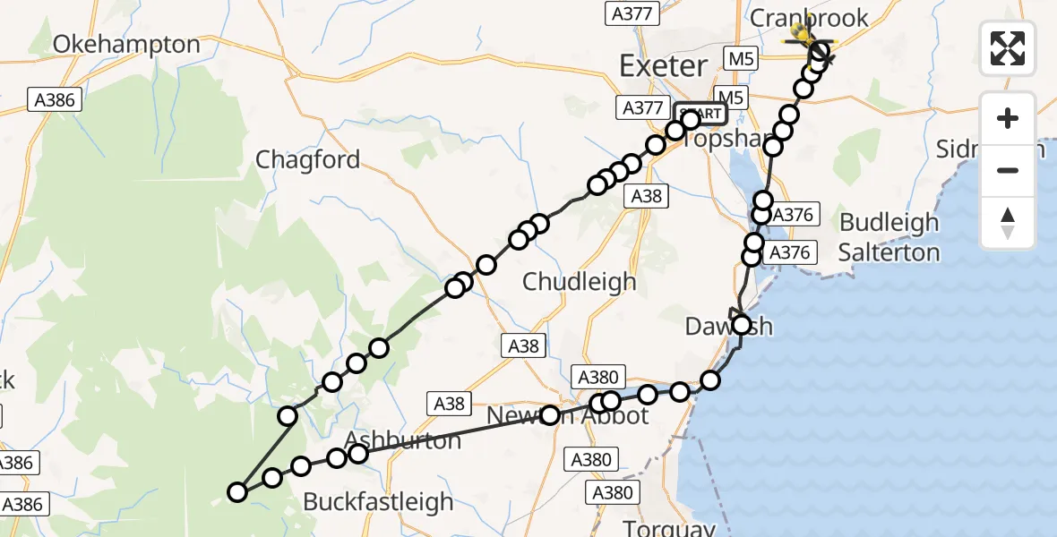Flight route Police Helicopter Topsham - Rockbeare, 28 May 2026, 19:39