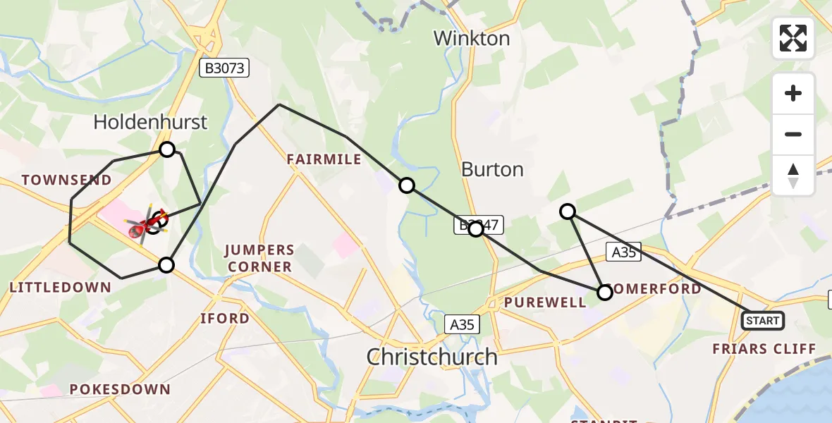 Flight route Air Ambulance Helicopter Christchurch - Royal Bournemouth Hospital, 28 May 2026, 19:39