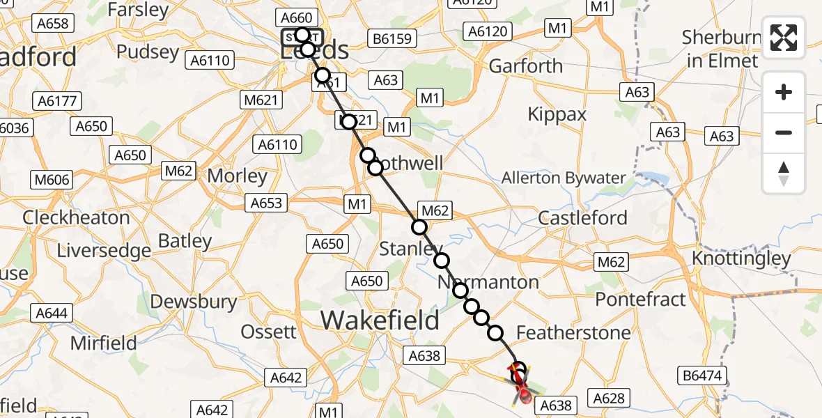 Flight route Air Ambulance Helicopter Woodhouse - YAA Nostell Helicopter Port, 28 May 2026, 19:46