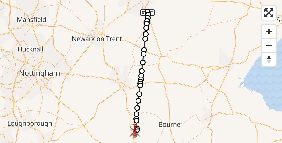 Flight route Air Ambulance Helicopter RAF Waddington - Stretton, 28 May 2026, 20:03