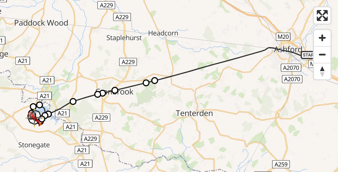 Flight route Air Ambulance Helicopter Ashford - Rother, 28 May 2026, 20:12