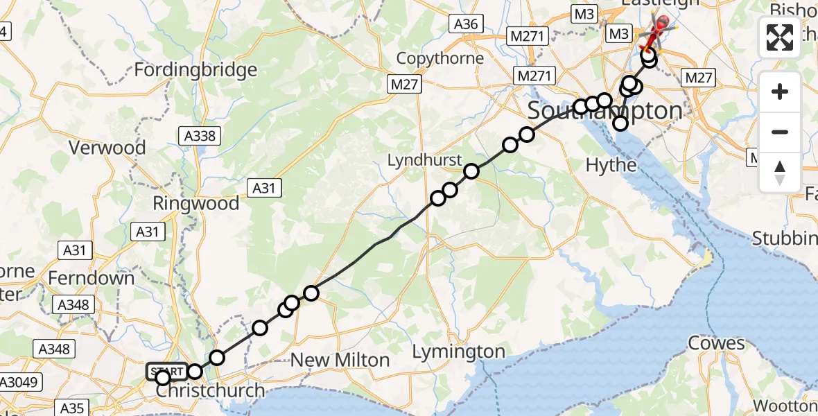 Flight route Air Ambulance Helicopter Royal Bournemouth Hospital - Southampton Airport, 28 May 2026, 20:17