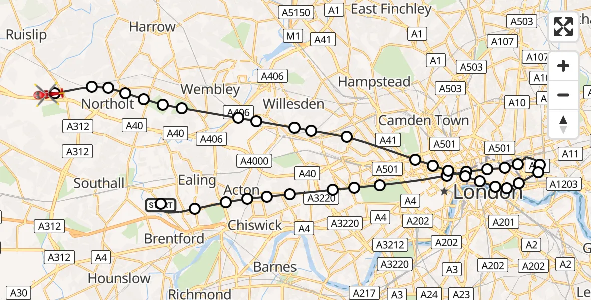 Flight route Air Ambulance Helicopter Hanwell - RAF Northolt, 28 May 2026, 20:18