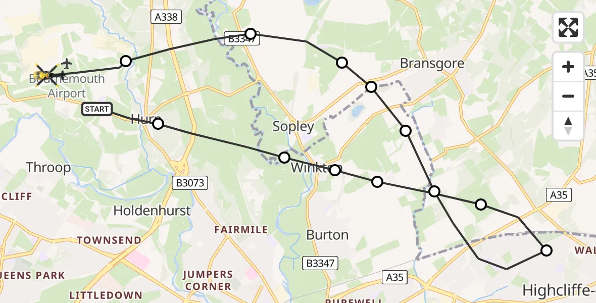 Flight route Police Helicopter Bournemouth Airport - Bournemouth Airport, 28 May 2026, 20:31