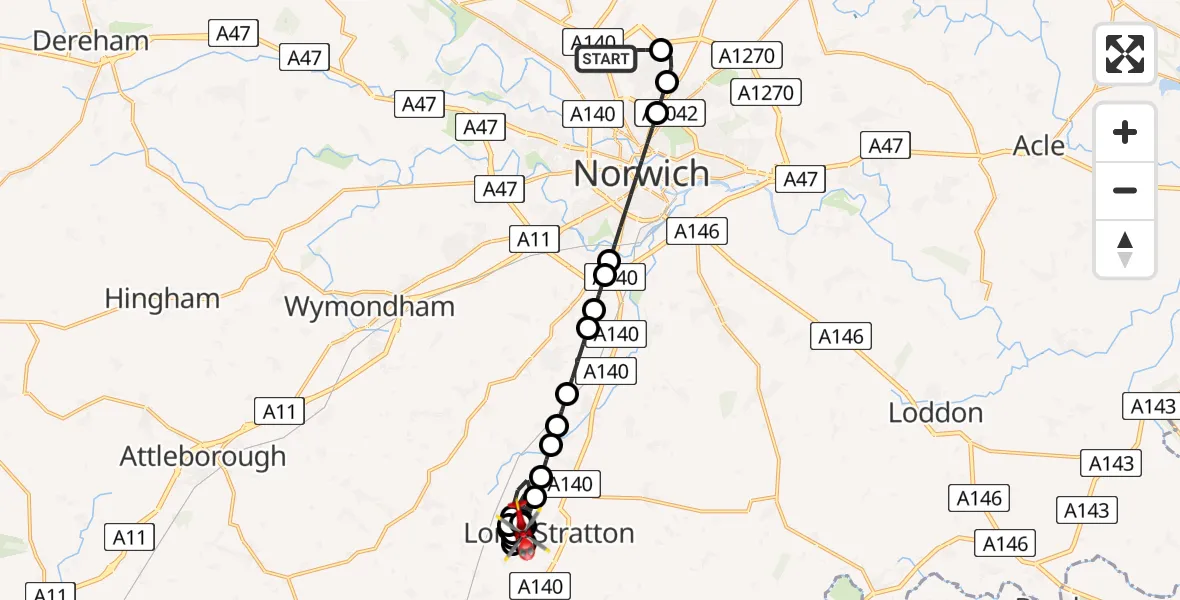 Flight route Air Ambulance Helicopter Norwich Airport - Long Stratton Airstrip, 28 May 2026, 20:31