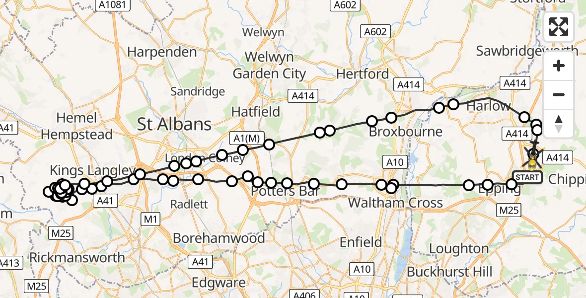 Flight route Police Helicopter Coopersale - North Weald Airfield, 28 May 2026, 20:37