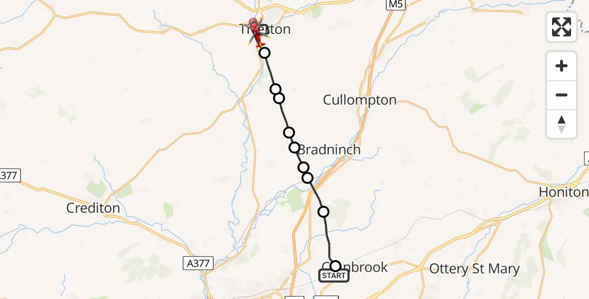 Flight route Air Ambulance Helicopter Cranbrook - Tiverton, 28 May 2026, 20:38
