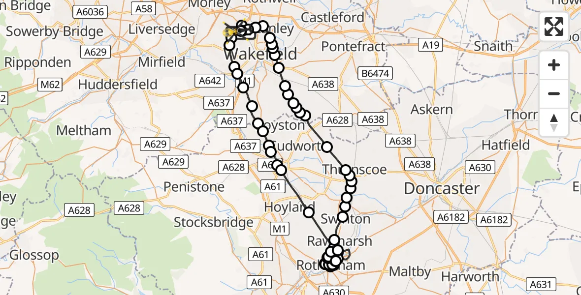Flight route Police Helicopter East Ardsley - Brandy Carr, 28 May 2026, 20:55
