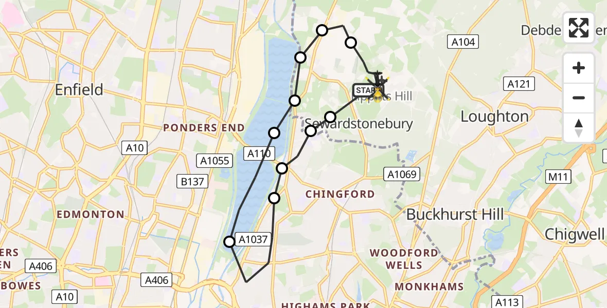 Flight route Police Helicopter Metropolitan Police Air Support Unit Lippitts Hill - Sewardstonebury, 28 May 2026, 20:58