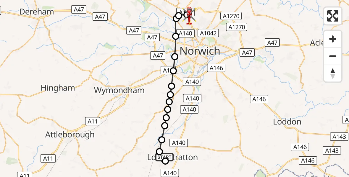 Flight route Air Ambulance Helicopter Long Stratton Airstrip - Norwich Airport, 28 May 2026, 21:01