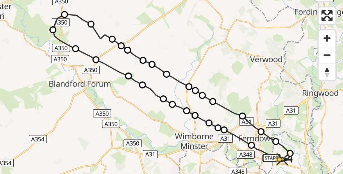 Flight route Police Helicopter Parley Cross - Bournemouth Airport, 28 May 2026, 21:02