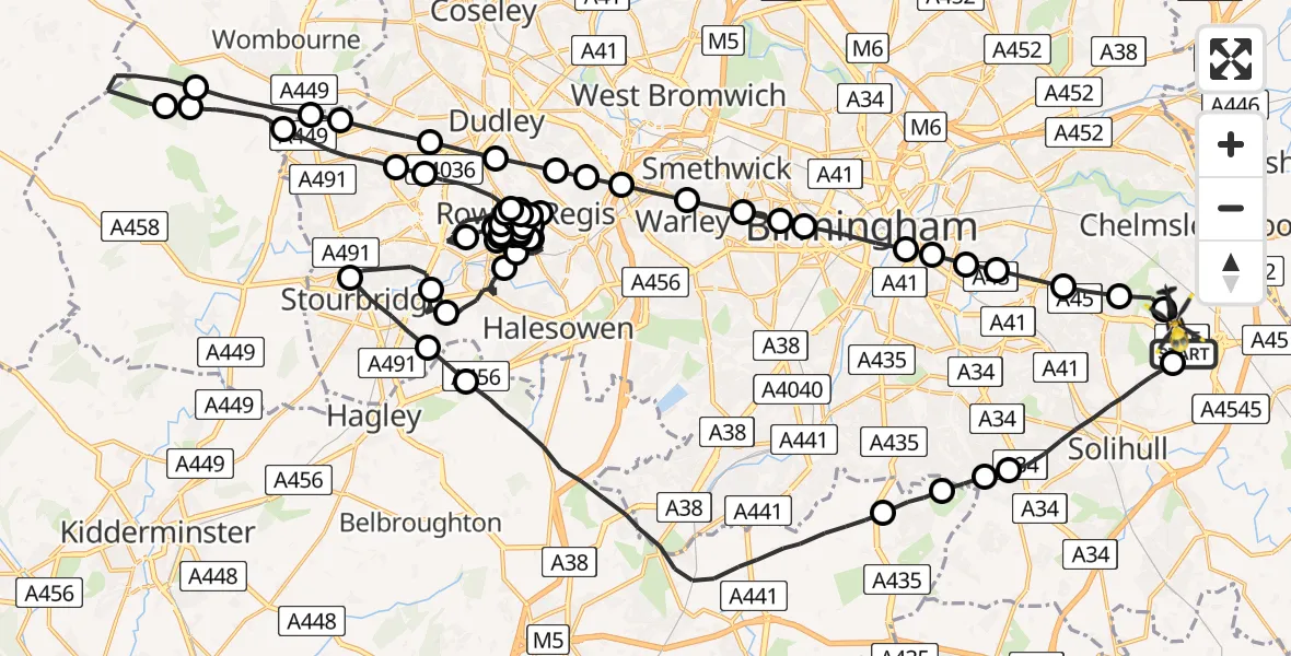 Flight route Police Helicopter Birmingham Airport - Birmingham Airport, 28 May 2026, 21:06