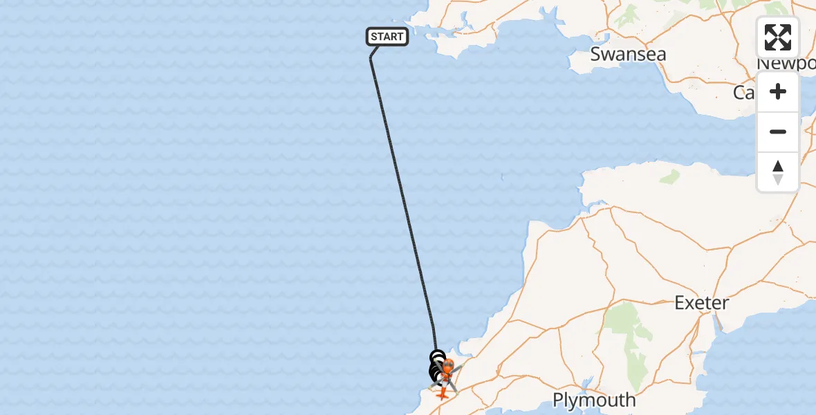 Flight route Coastguard Helicopter Bristol Channel - Cornwall Airport Newquay, 28 May 2026, 21:08