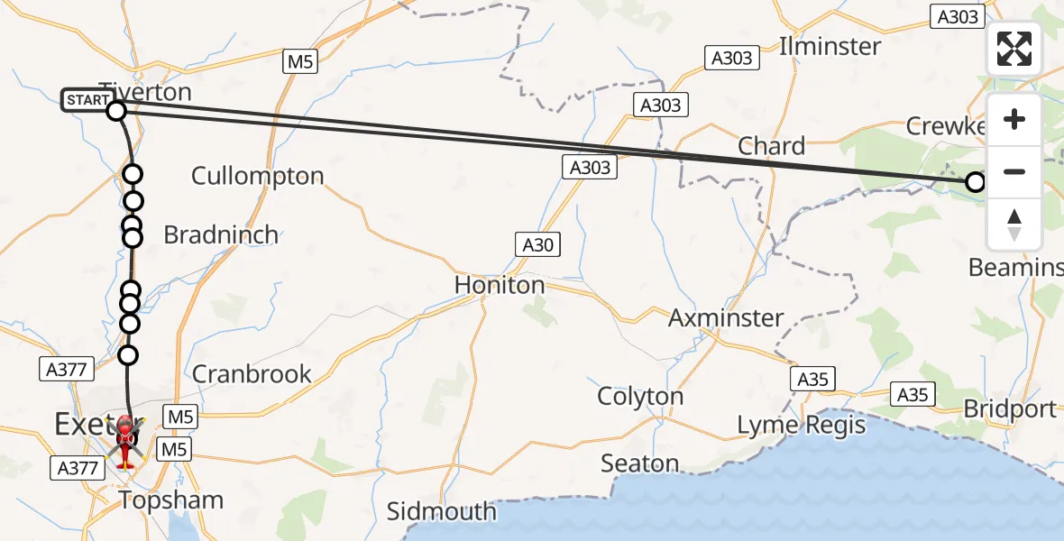 Flight route Air Ambulance Helicopter Tiverton - Exeter, 28 May 2026, 21:19